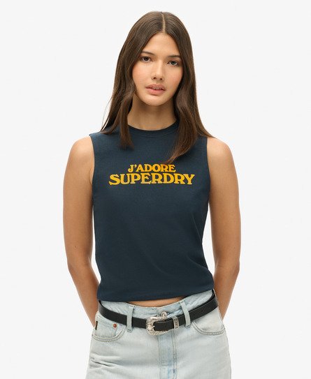 Superdry Damen Eng Anliegendes Sport Luxe Tanktop mit Grafik Marineblau - Größe: 36 von Superdry