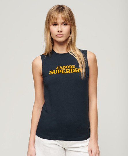 Superdry Damen Eng Anliegendes Sport Luxe Tanktop mit Grafik Marineblau - Größe: 38 von Superdry