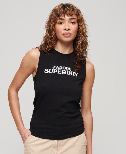 Superdry Damen Eng Anliegendes Sport Luxe Tanktop mit Grafik Schwarz - Größe: 36 von Superdry