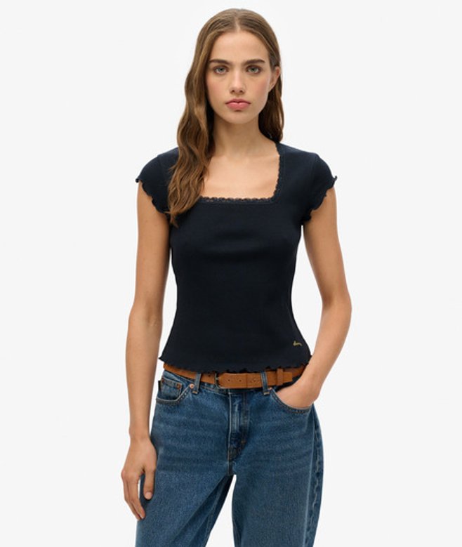 Superdry Women's Essential Kurzarm-t-shirt mit Eckigem Ausschnitt Marineblau - Größe: 38 von Superdry