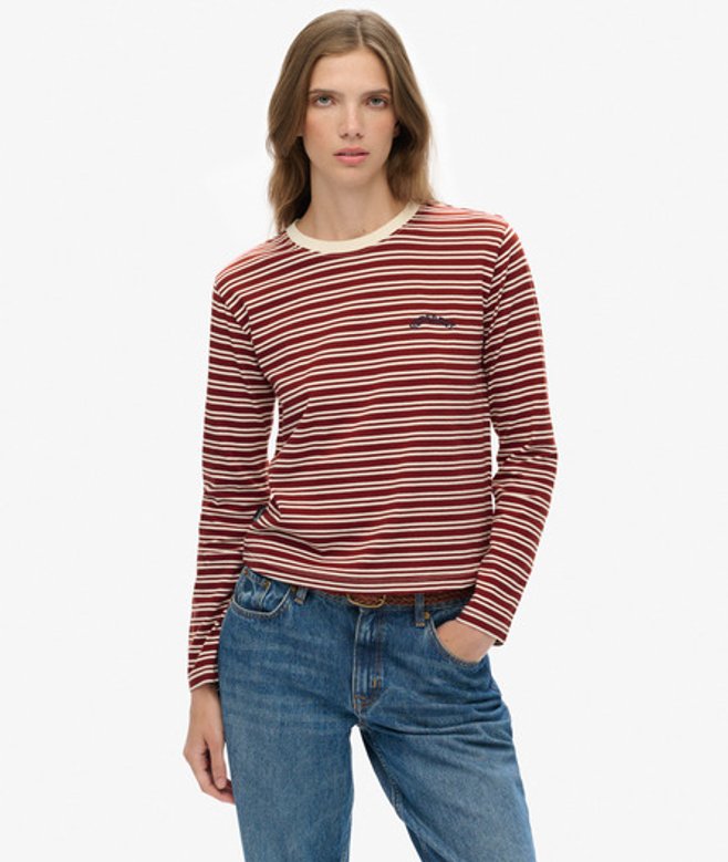 Superdry Damen Essential Logo Stripe Langarmshirt Red - Größe: 36 von Superdry