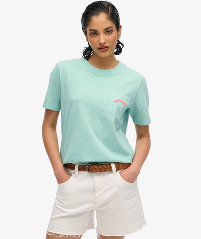 Superdry Damen Essential Logo T-shirt mit Stückgefärbter Tasche Green - Größe: 34 von Superdry