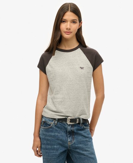 Superdry Damen Essential Raglan-T-Shirt aus Bio-Baumwolle mit Logo Schwarz/Grau - Größe: 38 von Superdry