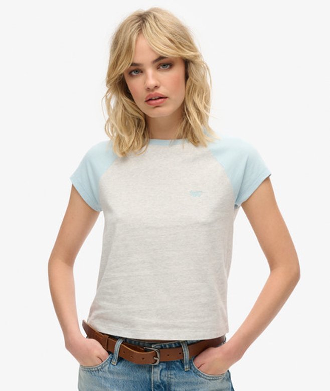 Superdry Damen Blau und Grau Essential Raglan-T-Shirt aus Bio-Baumwolle mit Logo Farbblock, Größe: 38 von Superdry