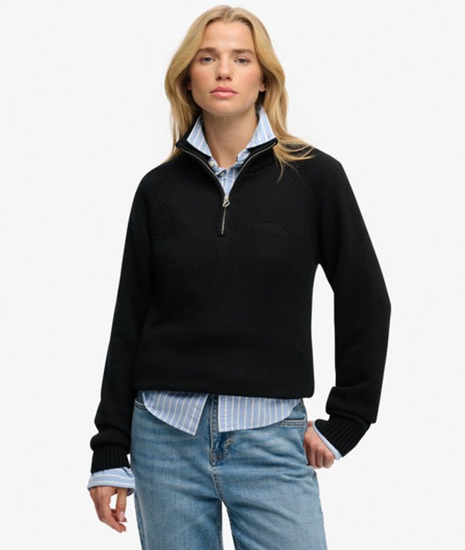 Superdry Damen Essential Strickpullover mit Reißverschluss Black - Größe: 40 von Superdry