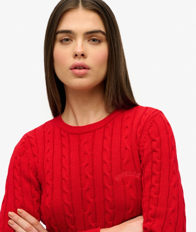 Superdry Women's Essentials Pullover mit Schmalem Zopfstrickdesign Rot - Größe: 38 von Superdry