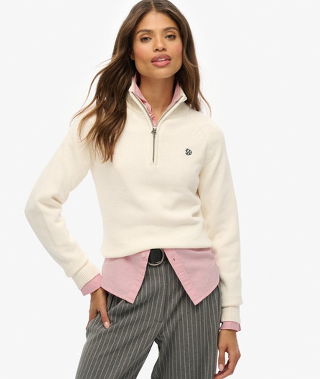 Superdry Damen Essentials Strickpullover mit Reißverschluss in Schmaler Passform Cream - Größe: 42 von Superdry