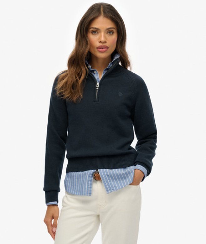 Superdry Damen Essentials Strickpullover mit Reißverschluss in Schmaler Passform Navy - Größe: 34 von Superdry