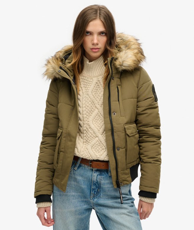 Superdry Damen Everest Bomberjacke mit Kapuze Grün - Größe: 34 von Superdry