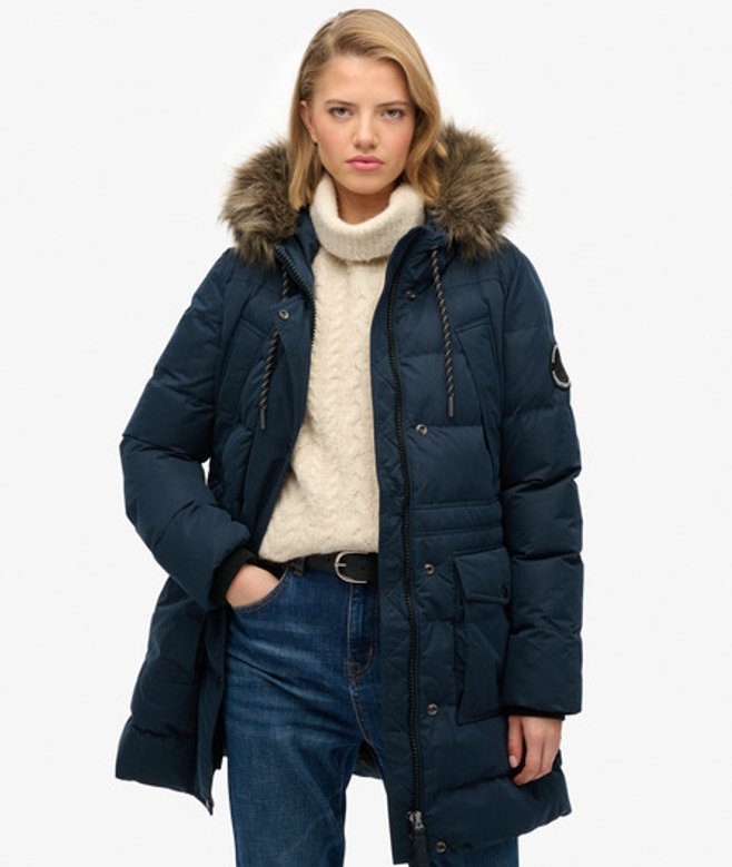Superdry Damen Everest Mikrofaser-steppjacke mit Kunstfellbesatz Navy - Größe: 44 von Superdry