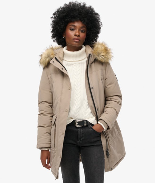 Superdry Damen Everest Parka mit Kunstfellbesatz Beige - Größe: 42 von Superdry