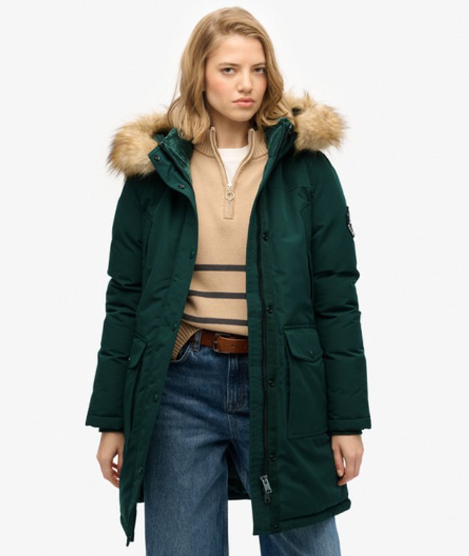 Superdry Damen Everest Parka mit Kunstfellbesatz Green - Größe: 38 von Superdry