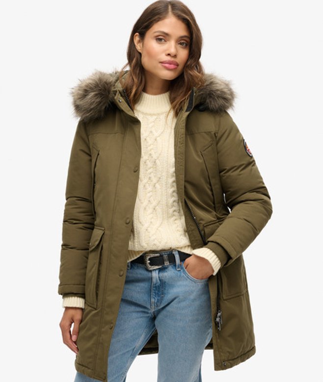 Superdry Damen Everest Parka mit Kunstfellbesatz Grün - Größe: 40 von Superdry