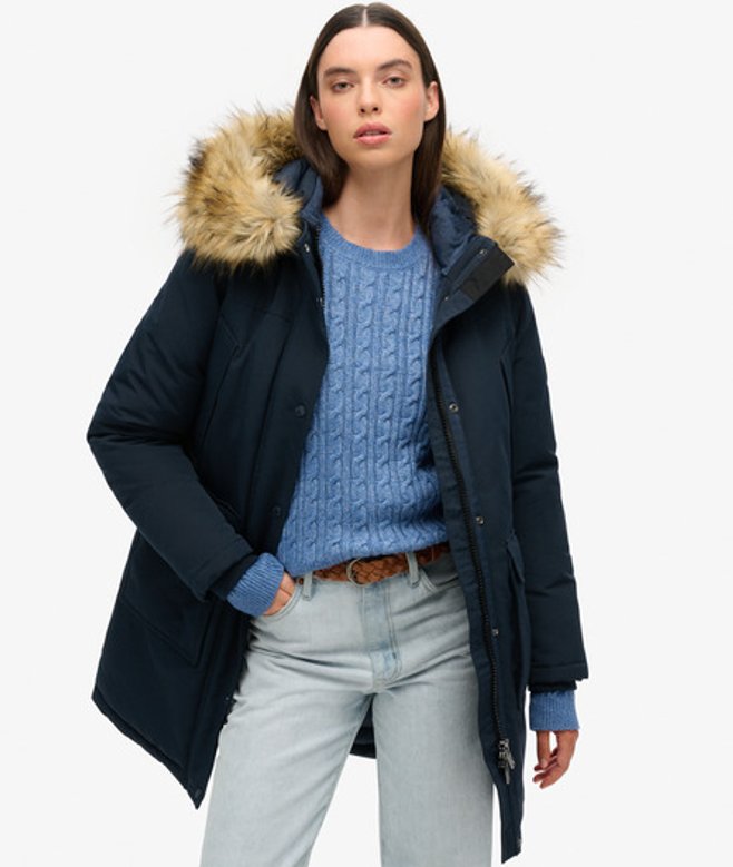 Superdry Damen Everest Parka mit Kunstfellbesatz Marineblau - Größe: 36 von Superdry