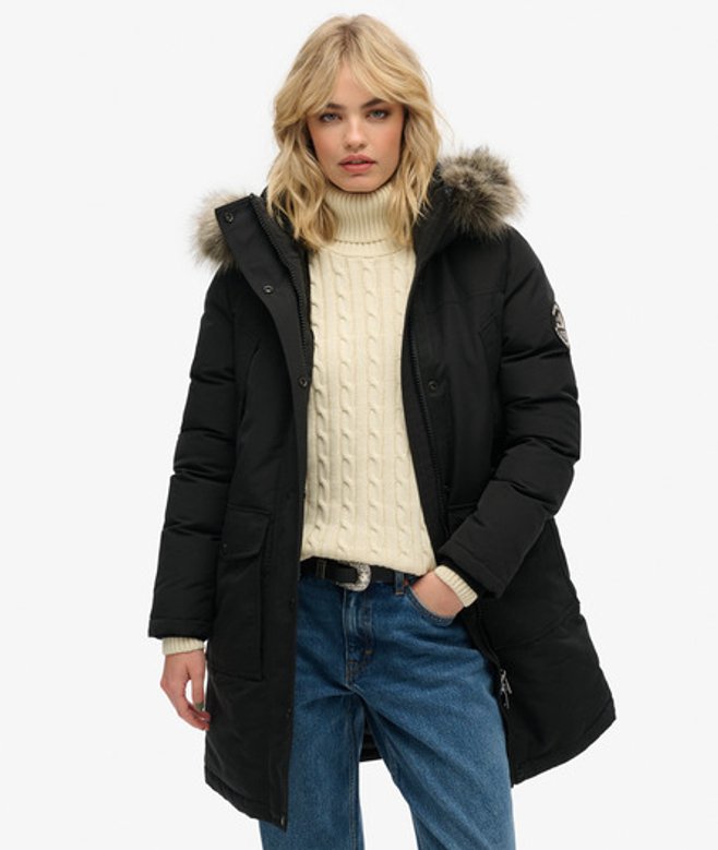 Superdry Damen Everest Parka mit Kunstfellbesatz Schwarz - Größe: 34 von Superdry