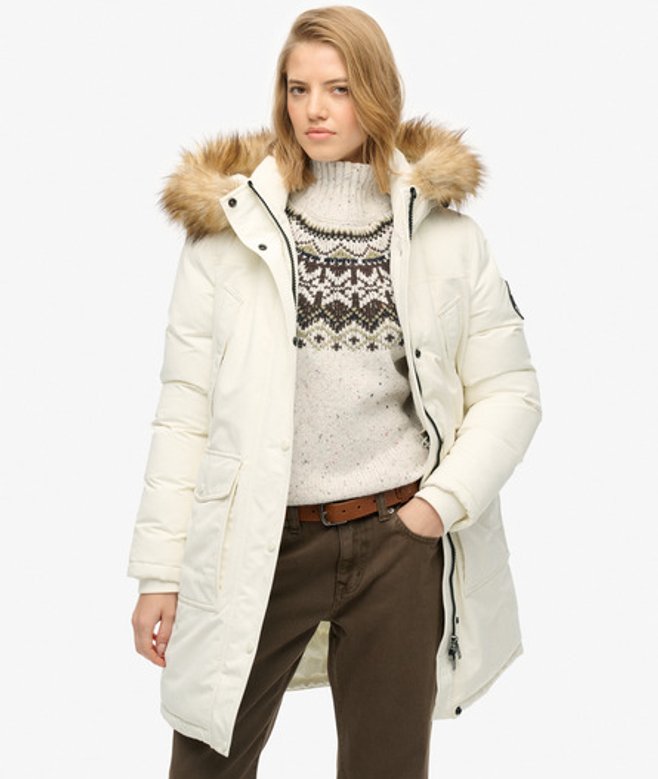 Superdry Damen Everest Parka mit Kunstfellbesatz White - Größe: 36 von Superdry