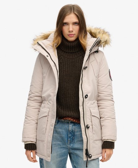 Superdry Damen Everest Parka mit Kunstfellkapuze Beige - Größe: 36 von Superdry