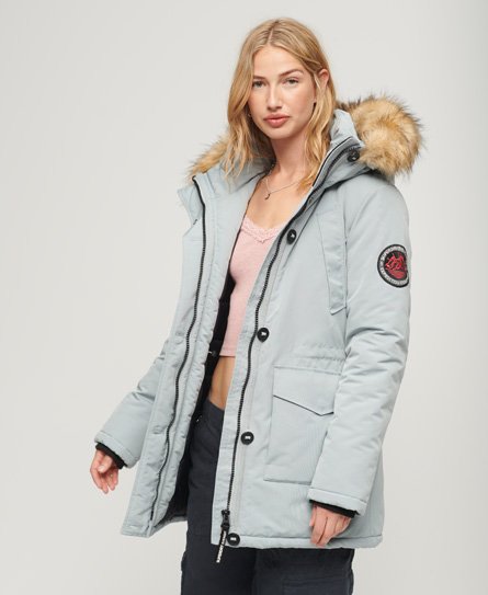 Superdry Damen Everest Parka mit Kunstfellkapuze Hellgrau - Größe: 36 von Superdry