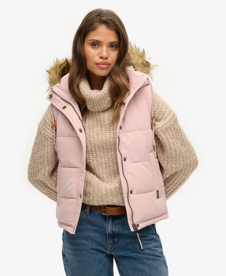 Superdry Women's Everest Steppweste mit Kunstfellbesatz Pink - Größe: 38 von Superdry