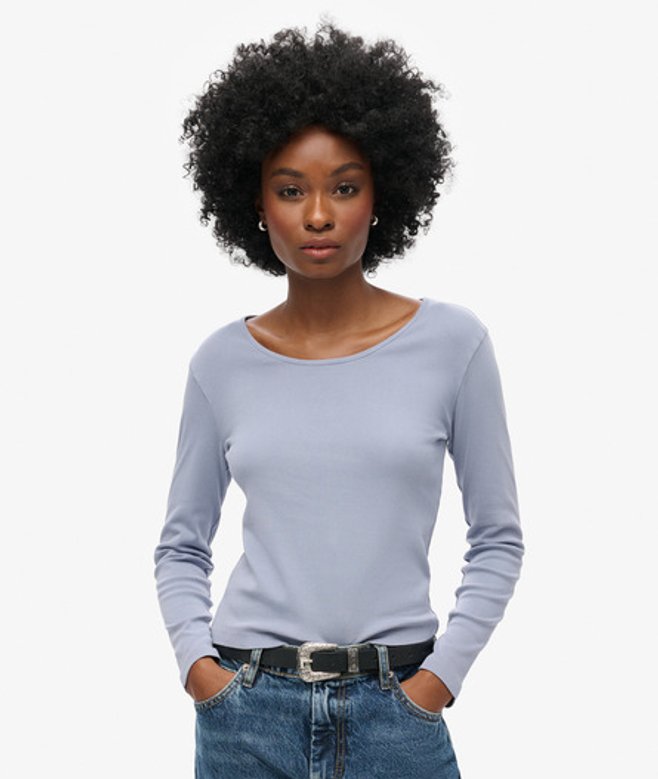 Superdry Damen Fein Geripptes Langarmoberteil mit U-ausschnitt Hellblau - Größe: 38 von Superdry