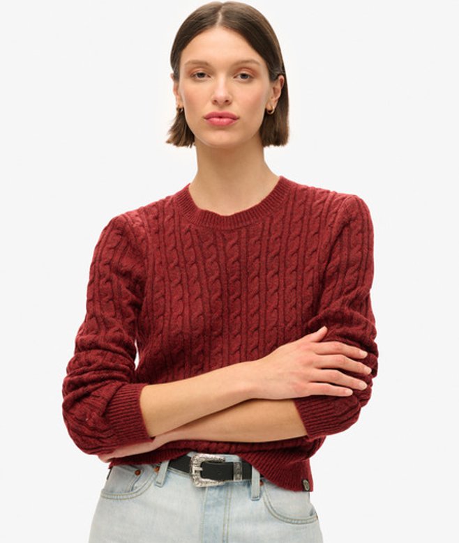 Superdry Damen Figurbetonter Rundhalspullover mit Zopfmuster Rot - Größe: 40 von Superdry