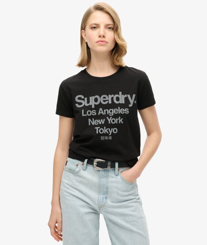 Superdry Damen Schwarz Figurbetontes Core Logo City T-Shirt Bedruckt, Größe: 38 von Superdry