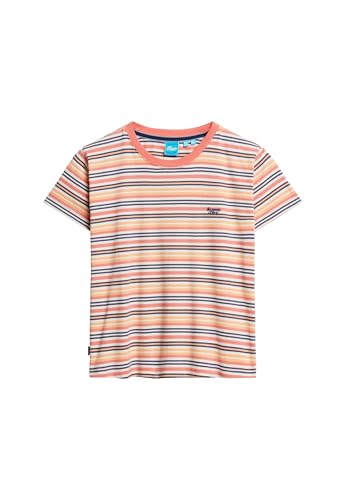 Superdry Damen Figurbetontes Essential T-Shirt mit Logo und Streifen Abendrot Koralle Gestreift 42 von Superdry