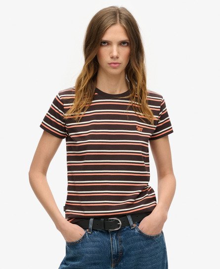 Superdry Damen Brown und Black Figurbetontes Essential T-Shirt mit Logo Gestreift, Größe: 40 von Superdry