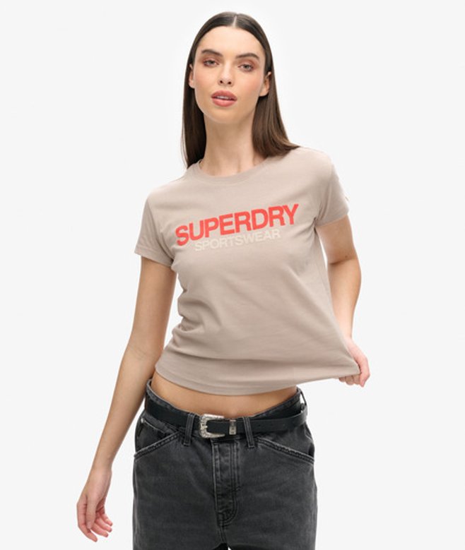 Superdry Damen Figurbetontes Sportswear T-shirt mit Logo Beige - Größe: 38 von Superdry