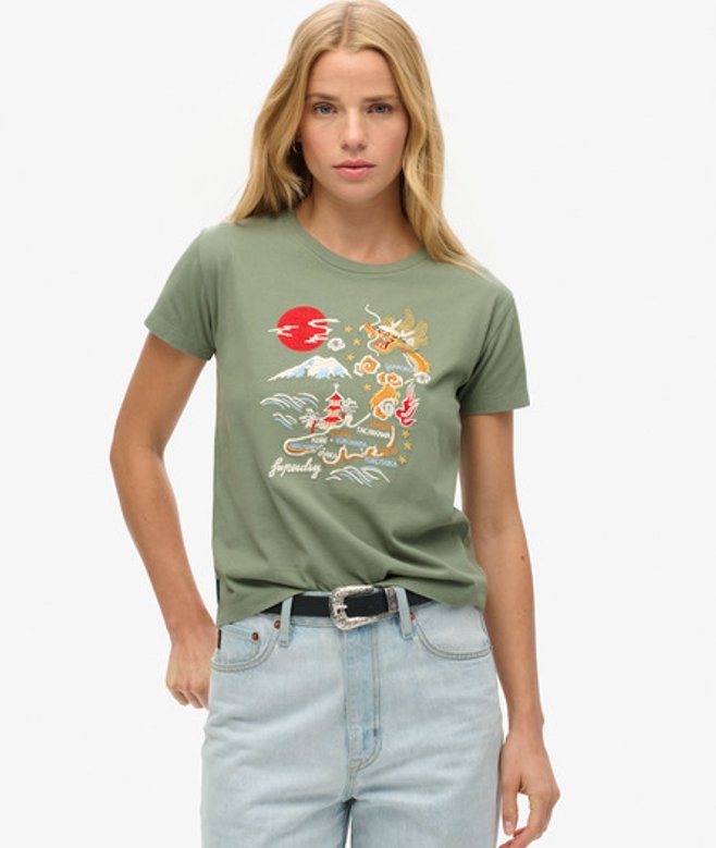 Superdry Damen Figurbetontes Suika T-shirt mit Stickerei Grün - Größe: 42 von Superdry