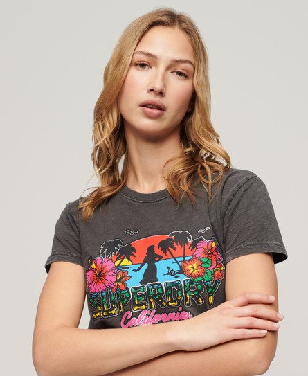 Superdry Damen Schwarz Figurbetontes T-Shirt mit Cali-Sticker und Logo-Druck, Größe: 38 von Superdry