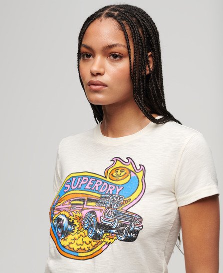 Superdry Damen Figurbetontes T-Shirt mit Neonfarbener Motorrad-Grafik Creme - Größe: 36 von Superdry