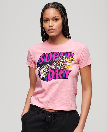 Superdry Damen Figurbetontes T-Shirt mit Neonfarbener Motorrad-Grafik Pink - Größe: 40 von Superdry