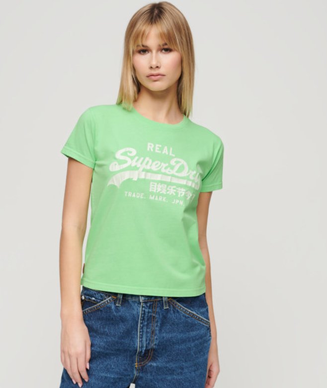 Superdry Damen Figurbetontes T-shirt mit Neonfarbener Grafik Grün - Größe: 38 von Superdry