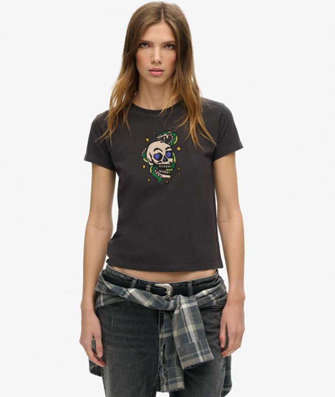 Superdry Damen Figurbetontes Tattoo-t-shirt mit Kleinem Strassbesatz Schwarz - Größe: 44 von Superdry