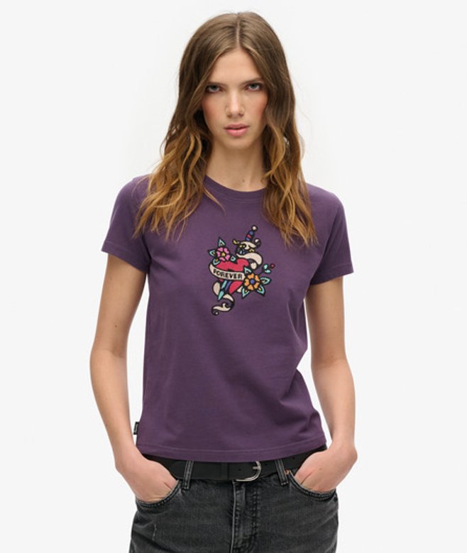 Superdry Damen Figurbetontes Tattoo-t-shirt mit Kleinem Strassbesatz Lila - Größe: 40 von Superdry