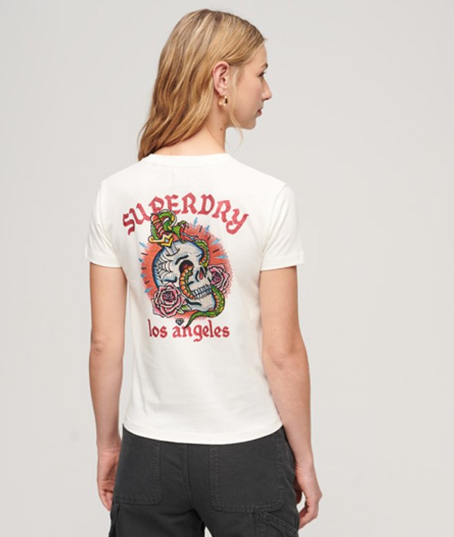 Superdry Damen Figurbetontes Tattoo-t-shirt mit Strassbesatz Weiß - Größe: 44 von Superdry