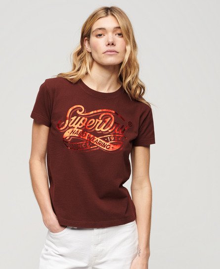 Superdry Damen Figurbetontes Workwear T-Shirt mit Folien-Print Braun - Größe: 36 von Superdry