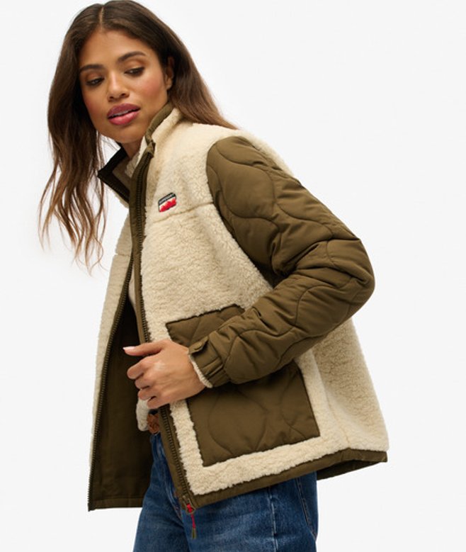 Superdry Damen Fleece Hybrid Jacke Cream - Größe: 42 von Superdry