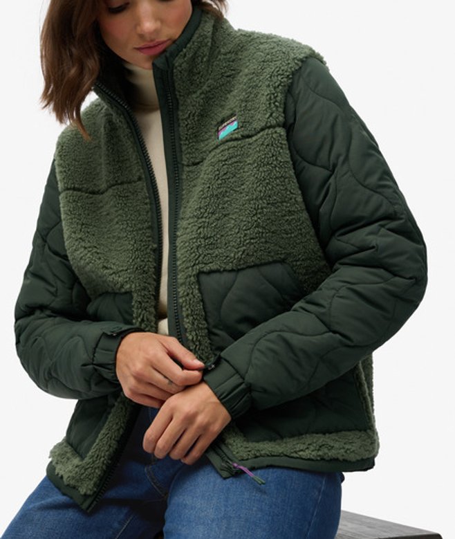 Superdry Damen Fleece Hybrid Jacke Green - Größe: 38 von Superdry