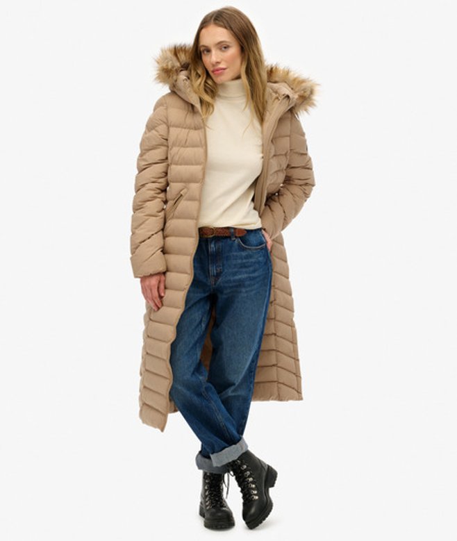 Superdry Damen Fuji Fellimitat Kapuze Langjacke Beige - Größe: 40 von Superdry