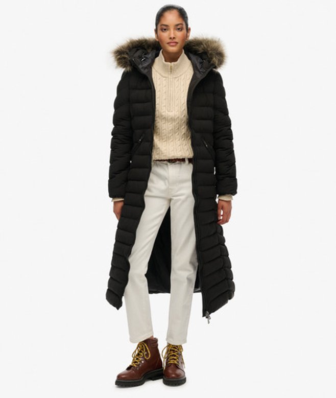 Superdry Damen Fuji Fellimitat Kapuze Langjacke Black - Größe: 36 von Superdry