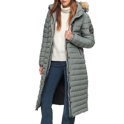 Superdry Damen Lang geschnittener Fuji Steppmantel mit Kapuze Balsam Grün 40 von Superdry