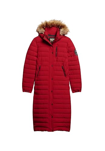 Superdry Damen Fuji Hooded Longline Puffer Jacke, Rot, 36 von Superdry