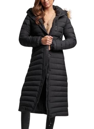 Superdry Damen Lang geschnittener Fuji Steppmantel mit Kapuze Schwarz 40 von Superdry