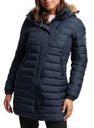 Superdry Damen Fuji Steppmantel in mittlerer Länge mit Kapuze Nordisch Chrom Marineblau 42 von Superdry