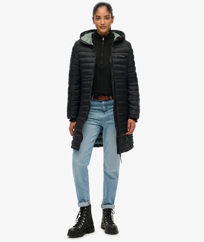 Superdry Damen Fuji Lite Mittellange Steppjacke mit Kapuze Black - Größe: 40 von Superdry