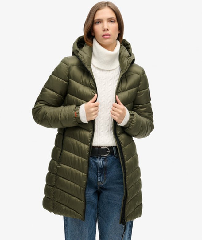 Superdry Damen Mittellanger Fuji Steppmantel mit Kapuze Grün - Größe: 42 von Superdry