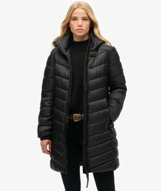 Superdry Damen Mittellanger Fuji Steppmantel mit Kapuze Schwarz - Größe: 42 von Superdry