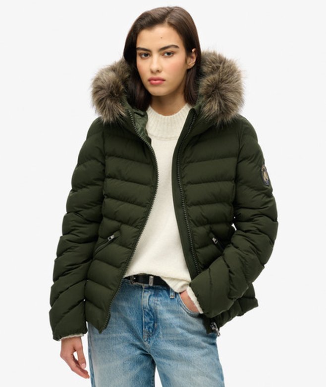 Superdry Damen Fuji Steppjacke mit Kapuze aus Kunstfell Grün - Größe: 42 von Superdry
